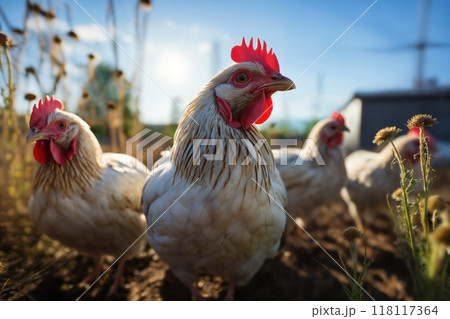 Portrait of chickens on a green grass meadow, bright sunny day, on a ranch in the village, rural surroundings on the background of spring nature Portrait of chickens on a green grass meadow, bright sunny day, on a ranch in the village, rural surroundings on the background of spring nature 118117364