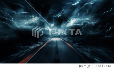 dramatic landscape, view of the night road in front of mountains, dark stormy sky and haze 118117548