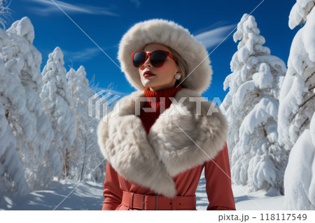 Portrait of a fashionable and elegant girl in a winter forest, face makeup, red lips and glasses, hairstyle, bright snow and tree shadows, style and fashion 118117549