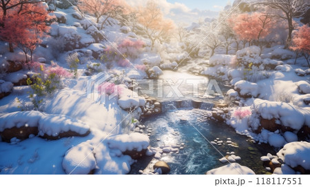 beautiful winter landscape with a stream and flowers on the shore, snow covered trees, beautiful nature 118117551