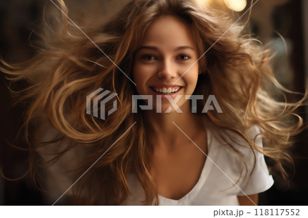 portrait of a young beautiful girl on the background of a dark interior with lights, modern style and fashion, lifestyle 118117552