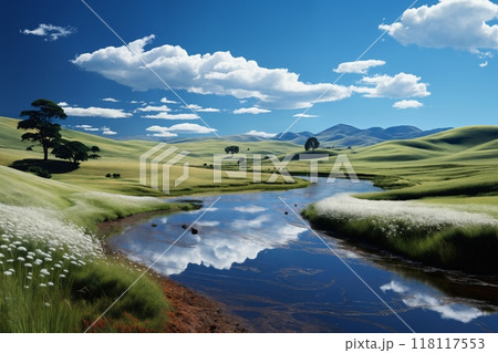 A beautiful summer or spring landscape with green grass on the hills and green fields. The blue sky is filled with white clouds and bright sunlight. Nature as a background. 118117553