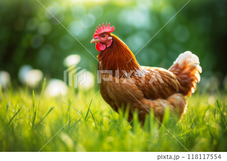 Portrait of a brown chicken on a green grass meadow, and trees in background 118117554