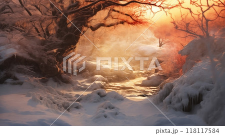 beautiful winter landscape, tree branches in snow covered forest, bright sunlight and beautiful nature 118117584