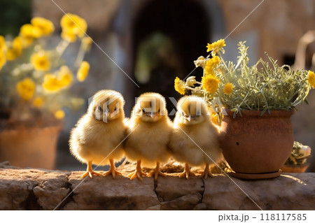 Portrait of small baby chickens on an old stone fence with flowers, on a ranch in the village, rural surroundings on the background of spring nature 118117585