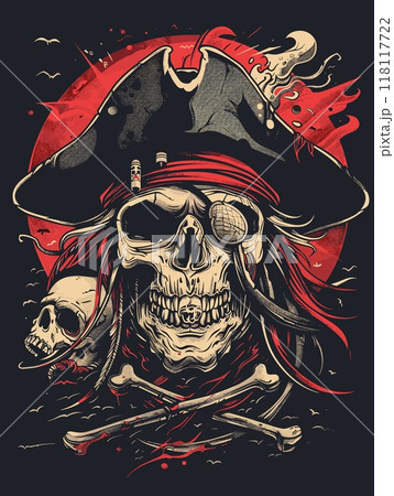 A pirate skull with a red bandana and a skull on the left side 118117722