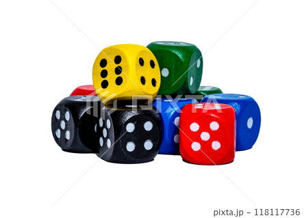 Different colored dice on a transparent background. Five bright colors. High quality photo Different colored dice on a transparent background. Five bright colors. High quality photo 118117736