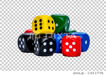 Different colored dice on a transparent background. Five bright colors. High quality photo Different colored dice on a transparent background. Five bright colors. High quality photo 118117736