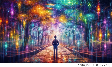 a person stands in a surreal forest or park, on a path between trees, bright multicolored light projections surround him around 118117749