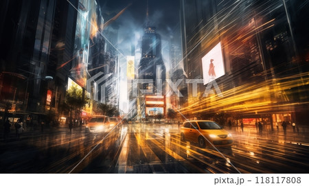 a busy street of a night city, a modern metropolis, lights and advertisements on skyscrapers, crowds of people, traffic on the road, street lights, blurred motion 118117808