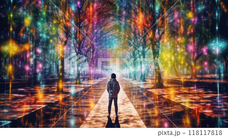 a person stands in a surreal forest or park, on a path between trees, bright multicolored light projections surround him around 118117818