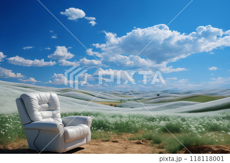 armchair surrounded by a beautiful landscape, summer season, field and sky, horizon over plain 118118001