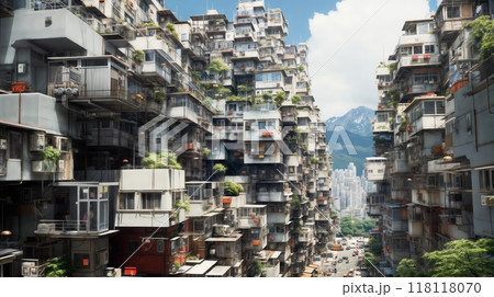 facade of apartment buildings, compact buildings in an Asian big city, balconies and windows in the cramped space of a megacity facade of apartment buildings, compact buildings in an Asian big city, balconies and windows in the cramped space of a megacity 118118070