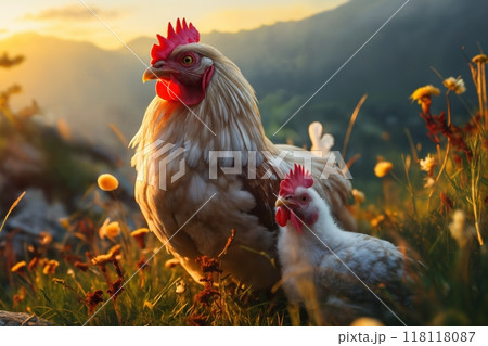 Portrait of chickens on a green grass meadow in mountains, bright sunny day, sunset, on a ranch in the village, rural surroundings on the background of spring nature 118118087