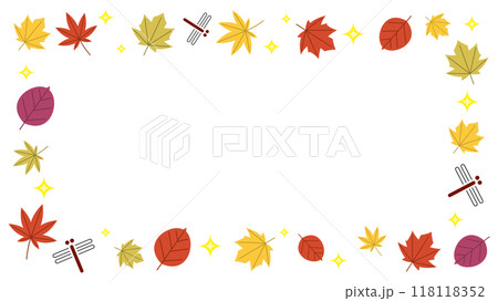 落ち葉とトンボとキラキラの秋のシンプルフレーム(横長ワイド) 118118352