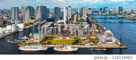 Aerial view of Odaiba Harbor in Tokyo, Japan 118118462