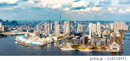 Aerial view of Odaiba Harbor in Tokyo, Japan 118118471