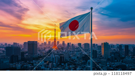 日の丸がそびえ立つ夕暮れの東京タワーの風景 118118497