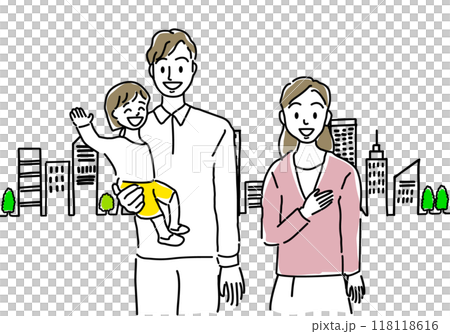A simple line drawing of a young family and a cityscape A simple line drawing of a young family and a cityscape 118118616