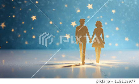 Paper cutout couple symbolizing partnership, family and relationships on a blue background with a bokeh effect. 118118977