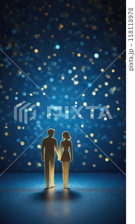 Paper cutout couple symbolizing partnership, family and relationships on a blue background with a bokeh effect. 118118978