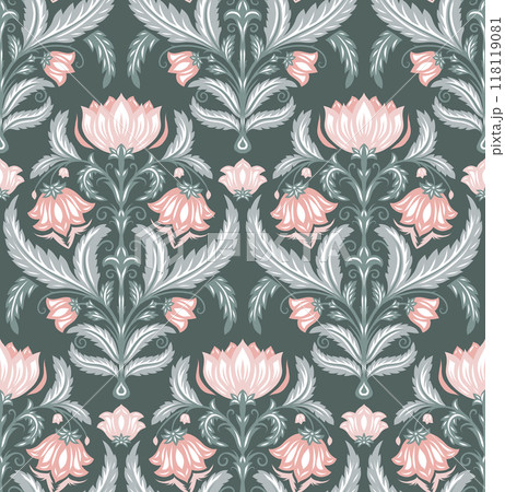 Vector ornate baroque floral pattern in pastel colors. Victorian damask texture with pink filigree flowers on dark background. 118119081