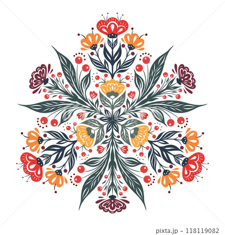 Vector tracery illustration of floral mandala isolated from white background. Folk art flourish ornament. Decorative ornate circle clipart 118119082