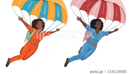 Vector set of clipart happy African women jumping with parachute isolated from background. Collection of flying training skydiver. 118119085