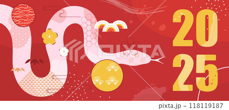 2025 Chinese New Year Banner. Year of the Snake Card Template Design with Luxury Snake and Traditional Paper Festival Lanterns Background. Traditional Chinese New Year Decorations. 118119187