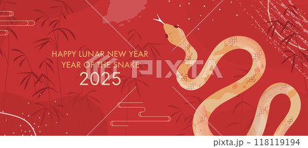 Elegant 2025 Lunar New Year Banner with Golden Snake, Bamboo Silhouettes and Subtle Brush Strokes for Year of the Snake Elegant 2025 Lunar New Year Banner with Golden Snake, Bamboo Silhouettes and Subtle Brush Strokes for Year of the Snake 118119194