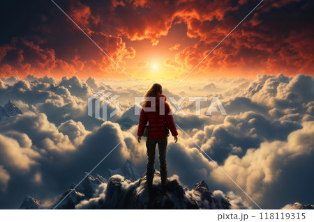a girl is traveling, standing at the top of the mountain and enjoying a beautiful view of nature, a valley among mountains and clouds a girl is traveling, standing at the top of the mountain and enjoying a beautiful view of nature, a valley among mountains and clouds 118119315