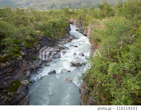 River along the hiking trail between Nikkaluokta and Kebnekaise Mountain Station, Lapland, Sweden. 118119331