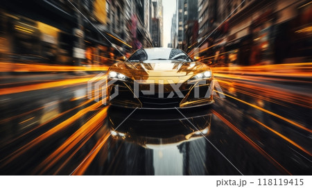 a modern high speed car rushes down the street of a night city, engulfed in flames or plasma, street lights, road, blurred motion 118119415