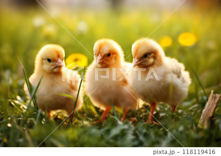 Portrait of small baby chickens on a green grass meadow, bright sunny day, on a ranch in the village, rural surroundings on the background of spring nature 118119416