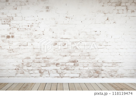 brick wall white color and wooden plank floor for background or texture 118119474
