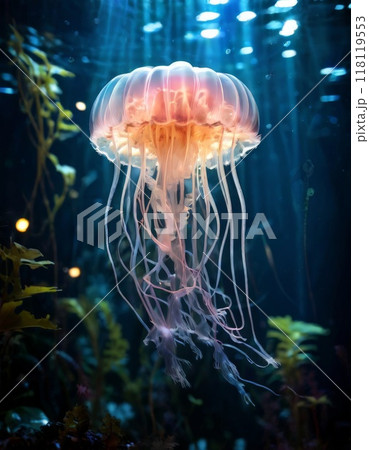 Luminous jellyfish drifting in deep ocean waters 118119553