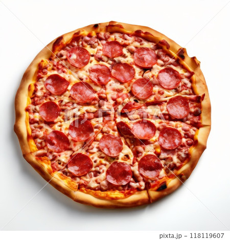 Freshly baked pepperoni pizza on white background 118119607