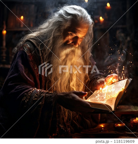 Wise old wizard reading an ancient magical book...のイラスト素材 [118119609 ...