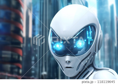 gynoid, a humanoid female android hybrid robot with a female face in a plastic helmet on the background of a futuristic city street, robotics concept 118119645