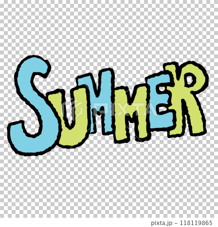 Hand drawn SUMMER letters in blue and green for font, typography, text, message, decoration, cute patches, shirt print, card, logo, sticker, icon, label, sign, symbol, trip, travel, vacation, break 118119865