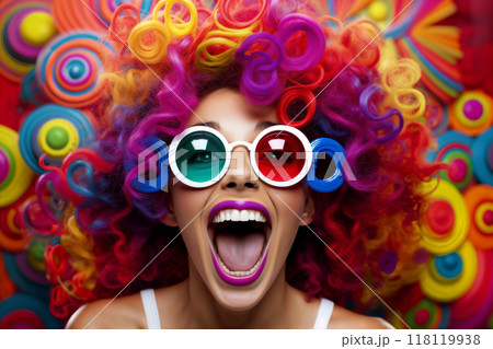 glamorous portrait of a woman with glasses, bright multicolored hair, with emotions and expression 118119938