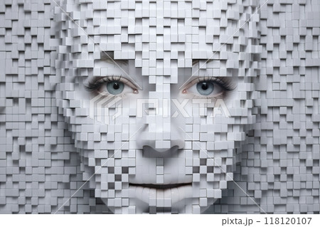 humanoid face with 3D cubes and shapes, and particles around her face, symbol of augmented reality and computer technologies of future, concept of cybernetics, biomechanics and robotics 118120107
