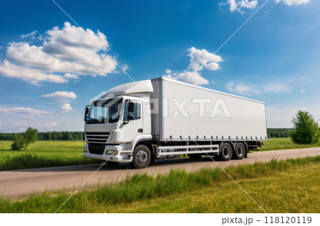 A white truck is driving on the road against the background of a summer landscape 118120119