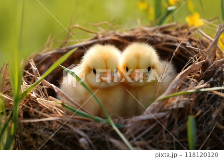 Portrait of small baby chickens in a nest, on a bright sunny day, on a ranch in the village, rural surroundings on the background of spring nature 118120120