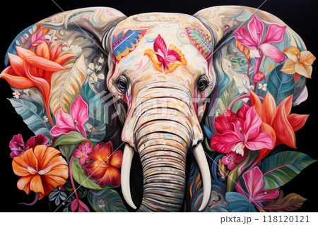 artistic drawing of an elephant portrait surrounded by flowers, bright and colorful colors 118120121
