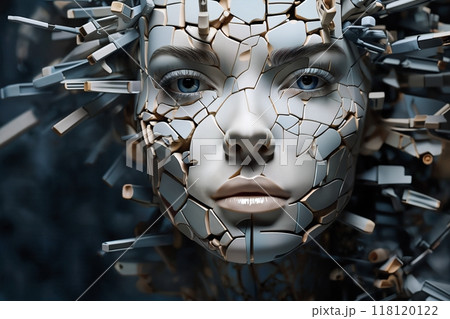 portrait of a woman with 3D cubes and shapes, and particles around her face, symbol of augmented reality and computer technologies of future, concept of cybernetics, biomechanics and robotics 118120122