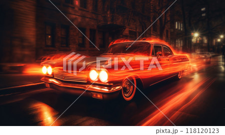 a vintage car on the street of a night city, in flames or plasma, street lights, road 118120123