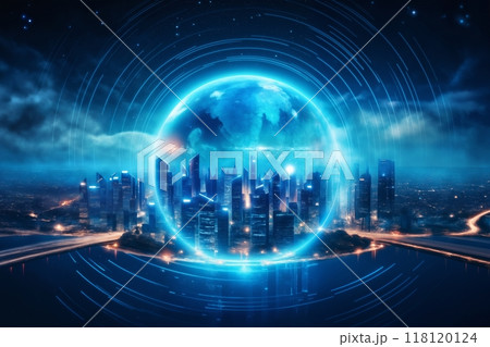 energy sphere in front of the night mega city , aerial view 118120124
