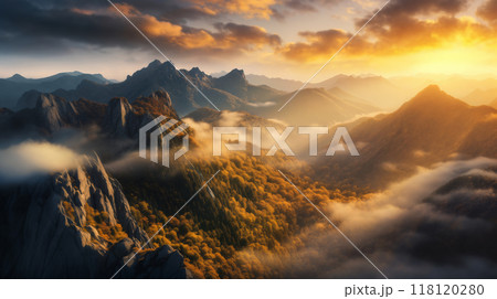 a beautiful landscape with mountains, sunlight , dramatic sky with clouds, beautiful nature for background 118120280