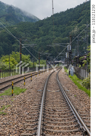 日本　長野県塩尻市奈良井にある中山道の宿馬町、奈良井宿沿いを走る電車の線路 118121230